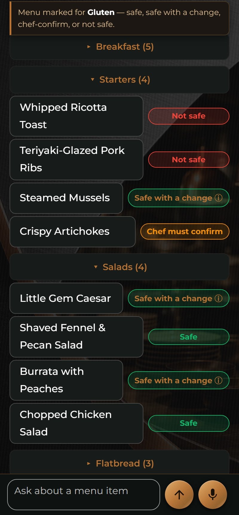 The Pass on a phone: a sample menu marked for gluten, showing Not safe, Safe with a change, Chef must confirm and Safe.