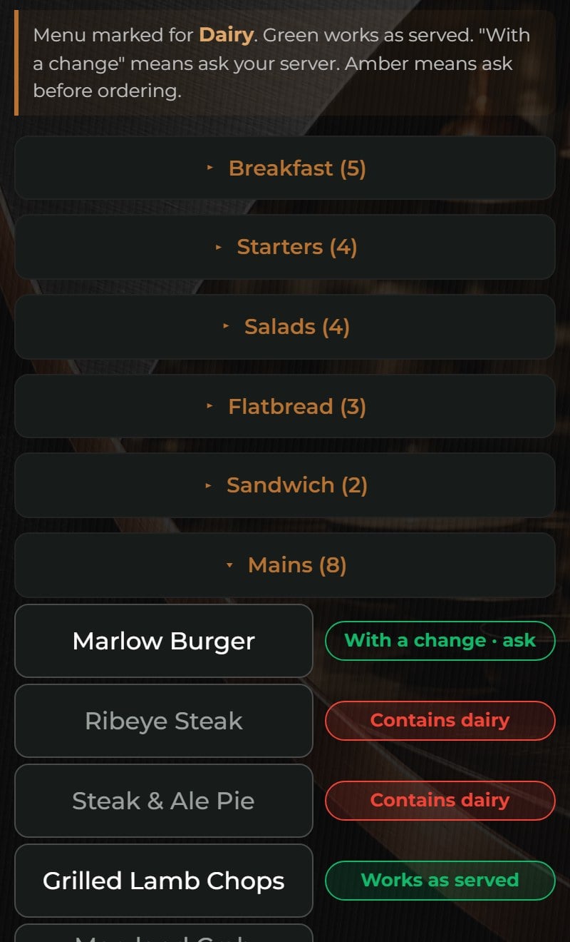 The guest guide on a phone, marked for dairy.