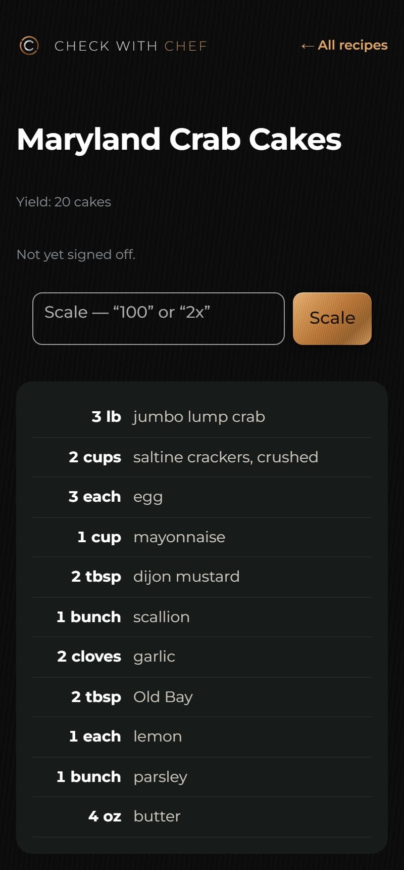 Check with Chef on a phone: the Maryland Crab Cakes recipe with amounts and a Scale button.