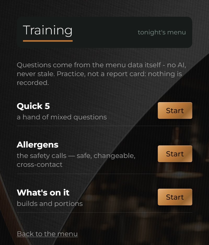The training screen: Quick 5, Allergens, What's on it.